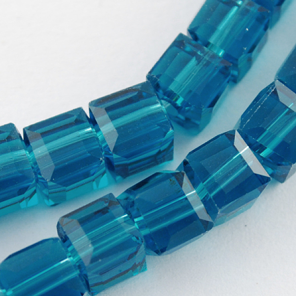 

PandaHall Glass Bead Strands, Faceted, Cube, Steel Blue, 7~8x7~8x7~8mm, Hole: 1mm, about 72pcs/strand, 21.6 inch Glass Cube Blue