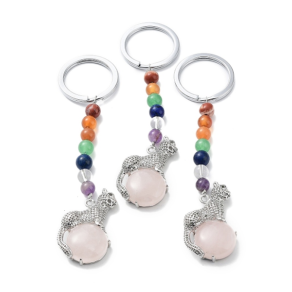 

PandaHall Natural Rose Quartz & Brass Cheetah Keychain, with 7 Chakra Gemstone Bead and Iron Rings, Lead Free & Cadmium Free, 10.3cm Rose...