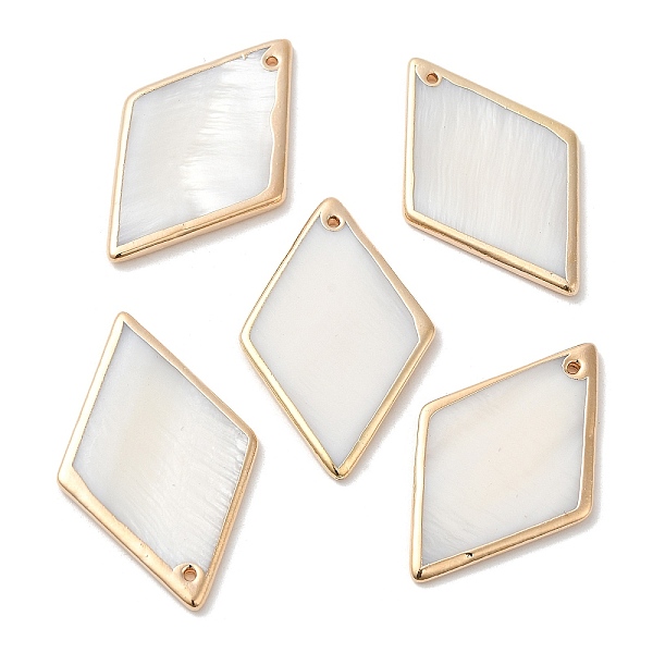 

PandaHall Electroplated Natural Freshwater Shell Pendants with Golden Plated Brass Edge, Rhombus Charms, WhiteSmoke, 38~39.5x24~25x2~2.5mm..., White