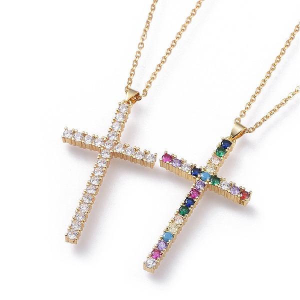 

PandaHall 304 Stainless Steel Pendant Necklaces, with Cubic Zirconia, Cable Chains and Lobster Claw Clasps, Cross, Golden, Mixed Color, 17.7..., Multicolor