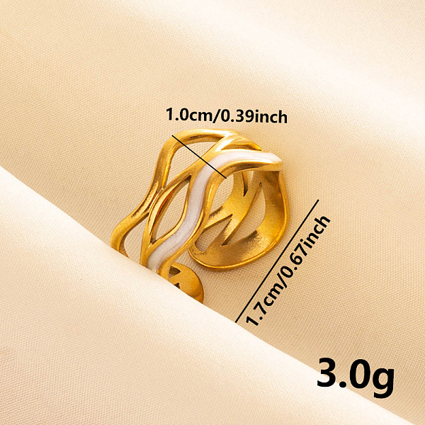 

PandaHall Classic 304 Stainless Steel Enamel Cuff Ring, Hollow Wave Wide Band Open Ring for Women, Golden 304 Stainless Steel