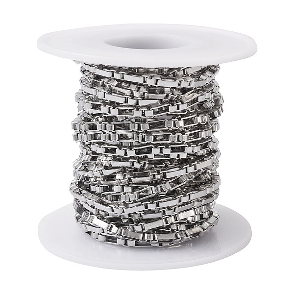 

PandaHall 304 Stainless Steel Box Chain, Unwelded, with Spool, Stainless Steel Color, 3mm, about 16.40 Feet(5m)/Roll 304 Stainless Steel