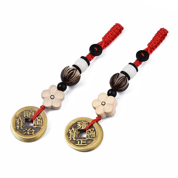 

PandaHall Brass Coins Pendant Decorations, with Wood & Natural Agate & Coconut Beads, Colorful, 100mm Brass Flat Round