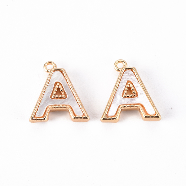 

PandaHall Brass Charms, with Shell, Real 18K Gold Plated, Nickel Free, Letter.A, 9.5x9x2mm, Hole: 0.9mm White Shell Letter A