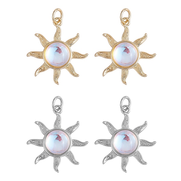 

PandaHall 4Pcs 2 Colors Glass Pendants, with Brass Findings and Jump Ring, Sun, Platinum & Golden, 22.5x20x5.5mm, 2pcs/color Brass+Glass Sun