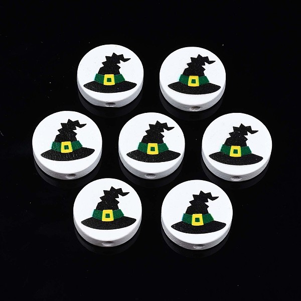 

PandaHall Halloween Printed Natural Wood Beads, Flat Round with Wicth Hat Pattern, Black, 19~20x5.9mm, Hole: 2~2.2mm Schima Wood Flat Round...