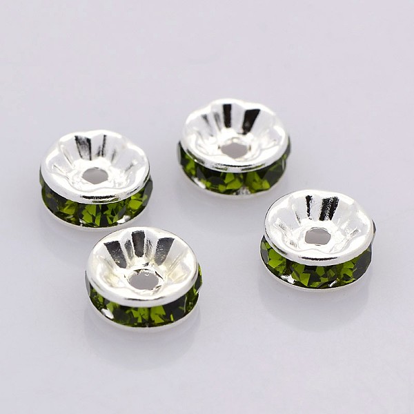 

PandaHall Brass Rhinestone Spacer Beads, Grade A, Straight Flange, Silver Color Plated, Rondelle, Olivine, 6x3mm, Hole: 1mm Brass+Rhinestone..., Green