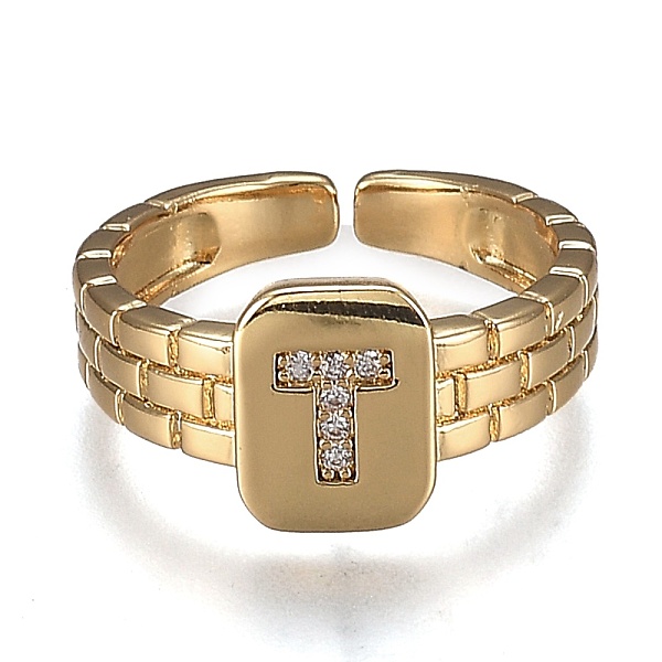 

PandaHall Brass Micro Pave Clear Cubic Zirconia Cuff Rings, Open Rings, Cadmium Free & Lead Free, Rectangle, Golden, Letter.T, US Size 6 1/4...