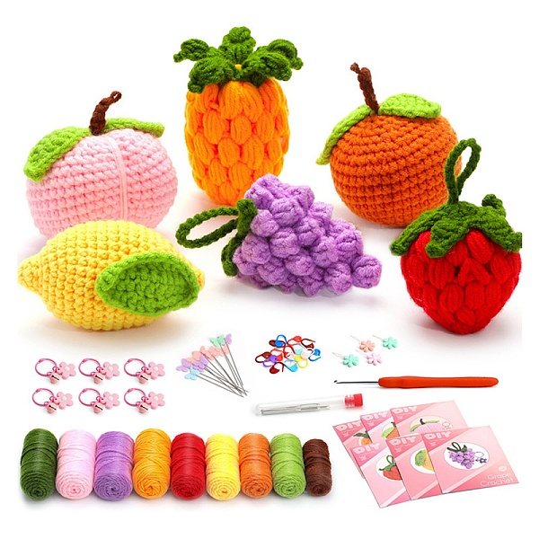 

PandaHall 6 Style Fruit Yarn Knitting Beginner Kit, including Instruction, Plastic Locking Stitch Marker & Eye & Crochet Hooks, Yarn Needle..., Multicolor