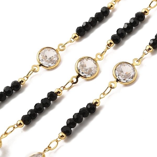

PandaHall Rack Plating Real 18K Gold Plated Flat Round Brass Cubic Zirconia Link Chains, Handmade Glass Beaded Chains, Soldered, with Spool..., Black
