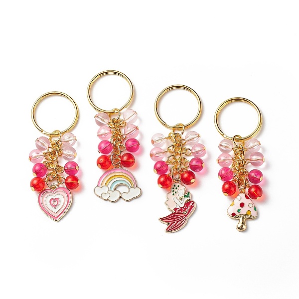 

PandaHall 4Pcs Heart/Rainbow/Mermaid/Mushroom Alloy Enamel Pendant Keychain, with Acrylic Beads, for Car Bag Pendant Decoration Key Chain..., Red