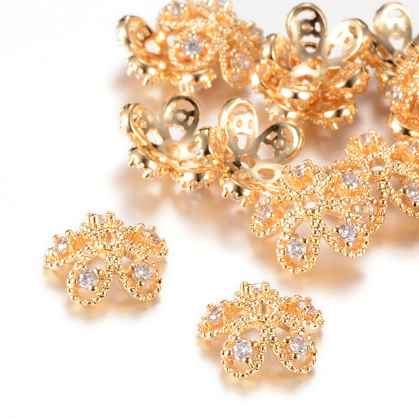 

PandaHall 5-Petal Brass Bead Caps, with Rhinestone, Flower, Crystal, Light Gold, 11x4mm, Hole: 1mm Brass+Rhinestone Clear
