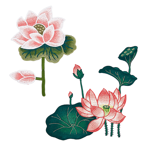 PandaHall 2Pcs 2 Style Lotus & Lotus Pod Pattern Polyester Fabrics Computerized Embroidery Cloth Sew on Appliques, Costume Cheongsam...