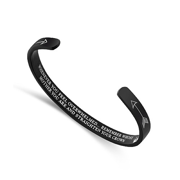 

PandaHall Stainless Steel Cuff Bangle, Arrow with Word Pattern, Black, Inner Diameter: 2-1/2 inch(6.2cm) Stainless Steel