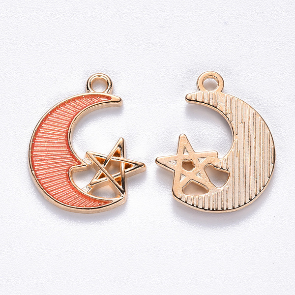 

PandaHall Alloy Enamel Pendants, Moon with Star, Light Gold, Light Salmon, 19x16x2mm, Hole: 1.8mm Alloy+Enamel Moon Red