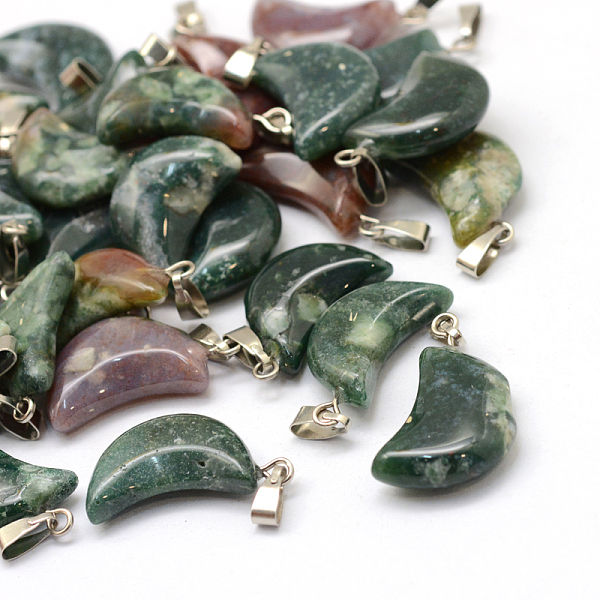 

PandaHall Moon Natural Indian Agate Pendants, with Platinum Tone Brass Findings, 21~24x12~14x5~6mm, Hole: 2x7mm Indian Agate Moon