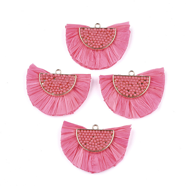 

PandaHall Raffia Tassel Pendants, with Micro Beads & Alloy Findings, Fan Shaped, Golden, Fuchsia, 31~33x47x7~8mm, Hole: 2mm Raffia Pink