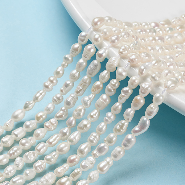 grade a natural cultured freshwater pearl beads strands, rice, natural color, white, 3~4x4~6mm, hole: 0.8mm; about 68pcs/strand, 13.39''(34cm)