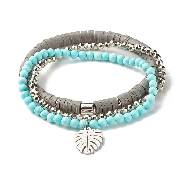 

PandaHall 3Pcs 3 Style Handmade Polymer Clay Heishi & Natural Howlite Beaded Stretch Bracelets Set with Leaf Charm for Women, Mixed Color..., Multicolor