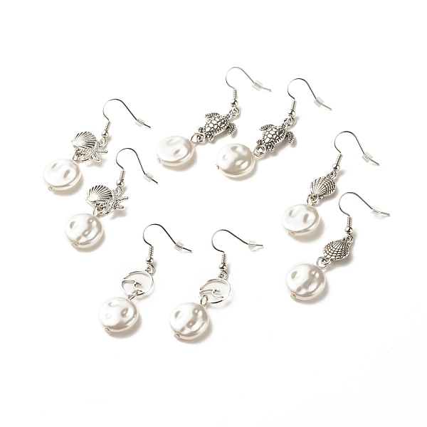 

PandaHall Flat Round ABS Plastic Pearl Beaded Dangle Earrings, Alloy Ocean Theme Long Drop Earrings for Women, Mixed Shape, Antique Silver...