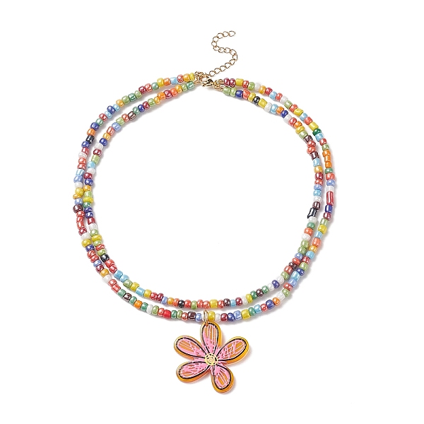

PandaHall Transparent Printed Acrylic Flower Pendant Necklaces, Glass Beaded Double Strand Choker Necklace with 304 Stainless Steel Lobster..., Multicolor