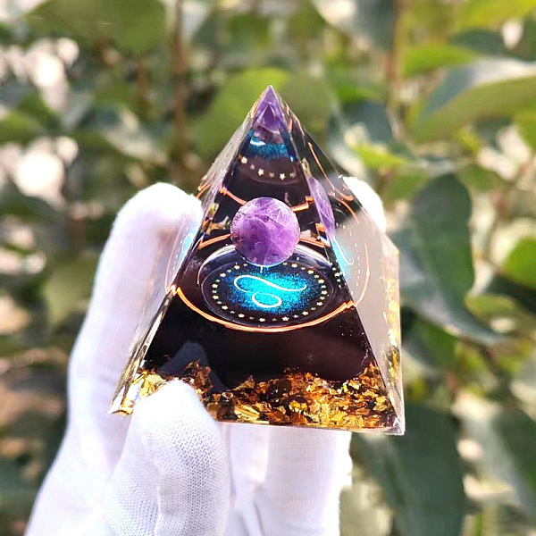 

PandaHall Orgonite Pyramid Resin Energy Generators, Reiki Natural Amethyst Inside for Home Office Desk Decoration, Leo, 60x60x60mm Resin Leo