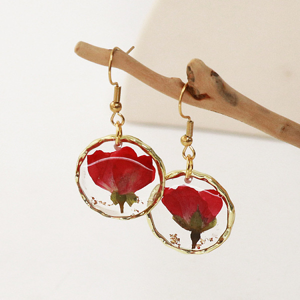 Boucles d'oreilles pendantes en alliage époxy avec fleurs séchées