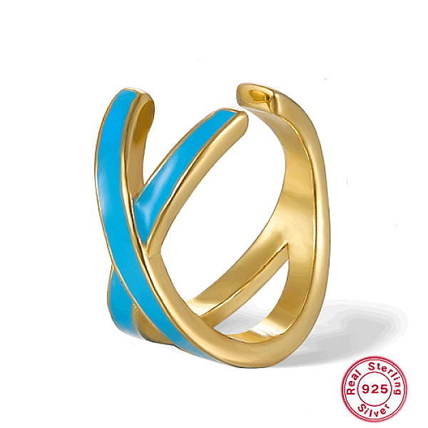 

PandaHall Real 18K Gold Plated 925 Sterling Silver Criss Cross Cuff Earring, with Enamel, Light Blue, 13x13mm Sterling Silver