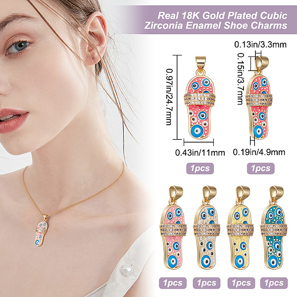 

PandaHall Beebeecraft 5Pcs 5 Colors Brass Micro Pave Clear Cubic Zirconia Pendants, with Enamel, Real 18K Gold Plated, Slipper with Evil Eye..., Multicolor