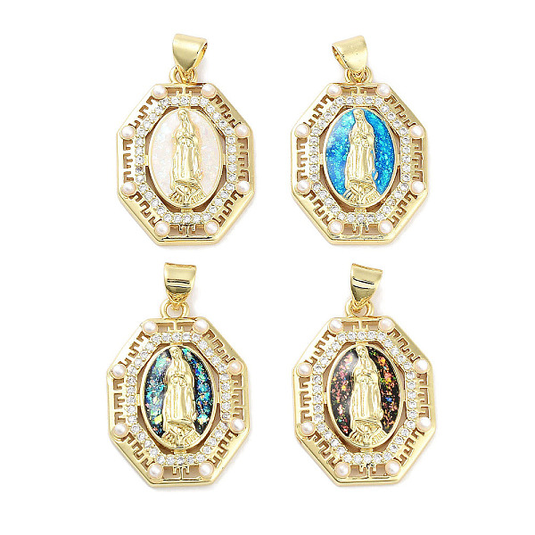 

PandaHall Brass Micro Pave Clear Cubic Zirconia Pendants, with Synthetic Opal and ABS Plastic Pearl, Real 18K Gold Plated, Octagon with Holy..., Multicolor