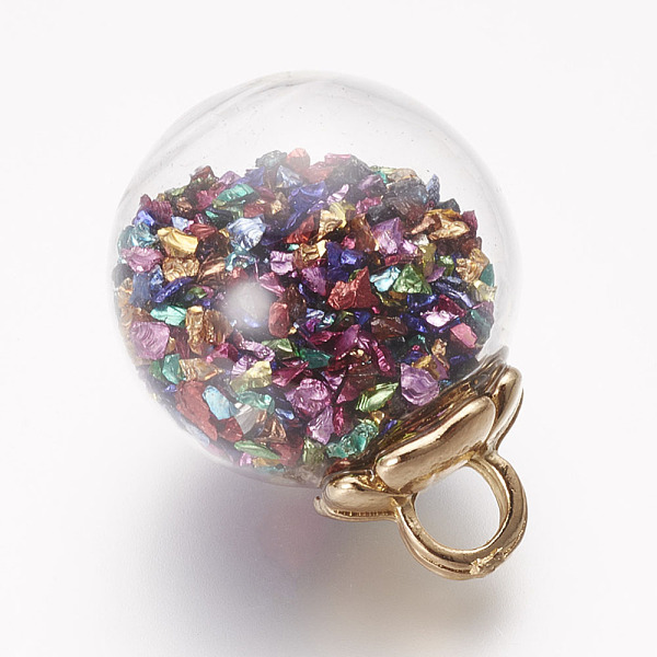

PandaHall Glass Ball Pendants, with Resin Chips and Alloy Finding, Golden, 23.5x18mm, Hole: 3.5x4mm Alloy+Glass Round