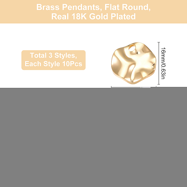 

PandaHall SUNNYCLUE 30Pcs 3 Style Brass Charms, Flat Round, Real 18K Gold Plated, 10pcs/style Brass Flat Round