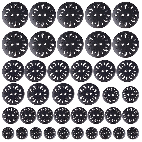 PandaHall GORGECRAFT 1 Box 40Pcs 4 Sizes Hollow Flower Wood Buttons 2-Holes Flatback Round Wooden Buttons Vintage Black Replacement Buttons...