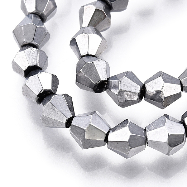 

PandaHall Handmade Metalized Bicone Glass, Silver Color Plated, 6mm, Hole: 1mm, about 47~48pcs/strand Glass Bicone Silver
