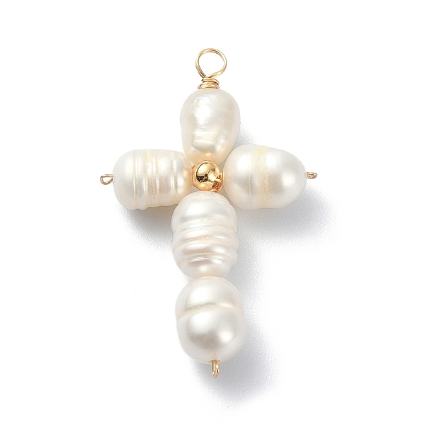 

PandaHall Natural Cultured Freshwater Pearl Rice Pendants, Cross Charms with Brass Beads, Lead Free & Cadmium Free & Nickel Free, Golden...