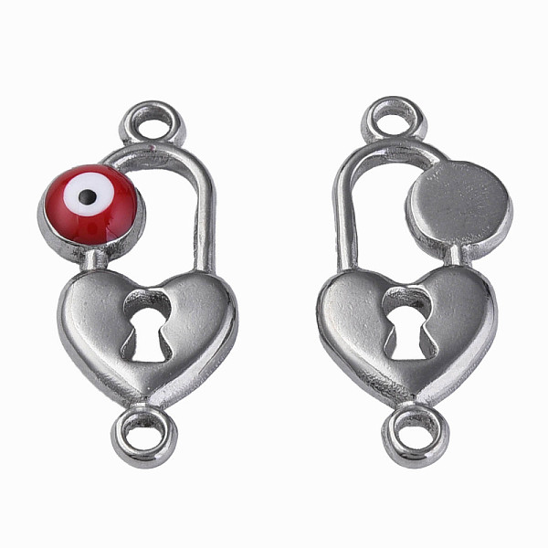 

PandaHall 304 Stainless Steel Enamel Connector Charms, Stainless Steel Color, Heart-Shaped Lock with Evil Eye, Dark Red, 23x11x3mm, Hole...
