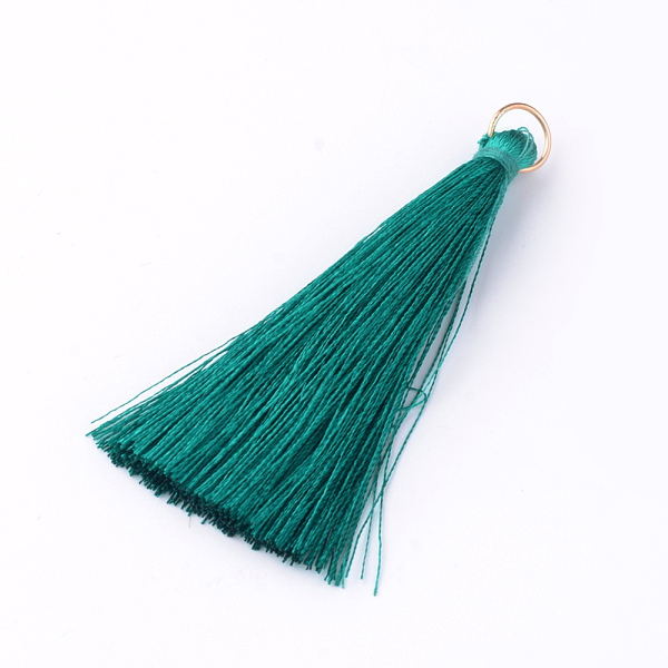 

PandaHall Nylon Thread Tassel Big Pendants Decoration, with Brass Findings, Golden, Teal, 63~66x7mm, Hole: 7mm Nylon Cyan