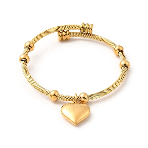 

PandaHall Ion Plating(IP) 304 Stainless Steel Heart Charms Cuff Bangle, Round Beaded Twist Rope Bangle for Women, Golden, Inner Diameter: 2...