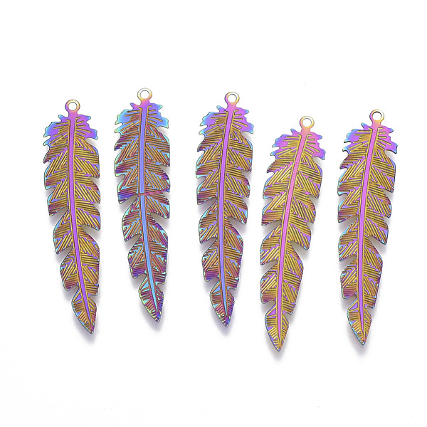 

PandaHall Ion Plating(IP) 304 Stainless Steel Filigree Pendants, Etched Metal Embellishments, Leaf, Rainbow Color, 41.5x9x0.4mm, Hole: 1.2mm...