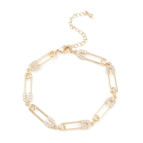 

PandaHall Brass Micro Pave Clear Cubic Zirconia Link Bracelets, with Lobster Claw Clasps, Long-Lasting Plated, Safety Pin Shape, Real 18K...