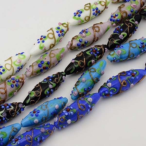 

PandaHall Handmade Bumpy Lampwork Rice Beads Strands, with Flower Pattern, Mixed Color, 40~45x13~15mm, Hole: 2mm, about 7pcs/strand, 12 inch..., Multicolor
