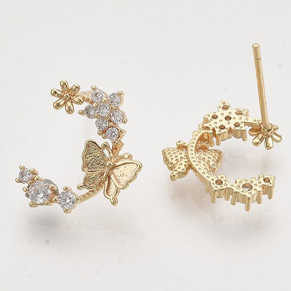

PandaHall Brass Micro Pave Clear Cubic Zirconia Stud Earrings, Half Hoop Earrings, Nickel Free, Flower with Butterfly, Real 18K Gold Plated...