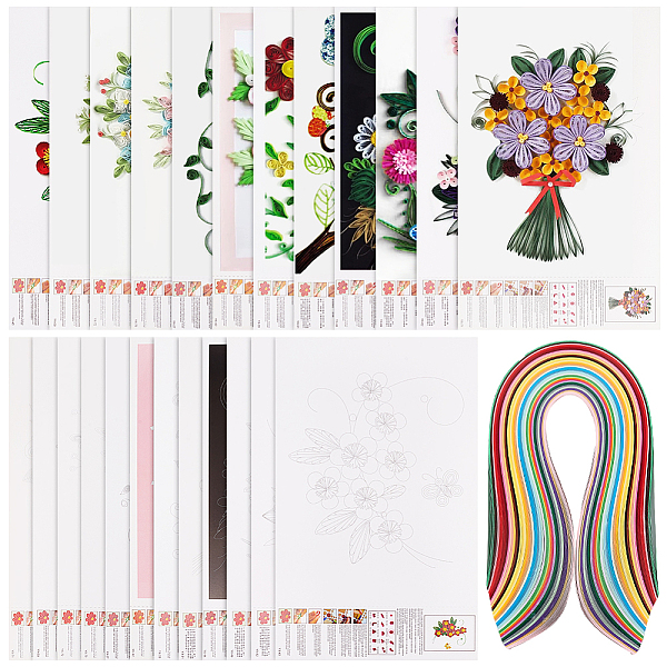 

PandaHall AHADERMAKER Flower/Bird Pattern Cardboard DIY Paper Quilling Tools Drawings Sample Cards, with Rectangle 36 Colors Quilling Paper..., Multicolor