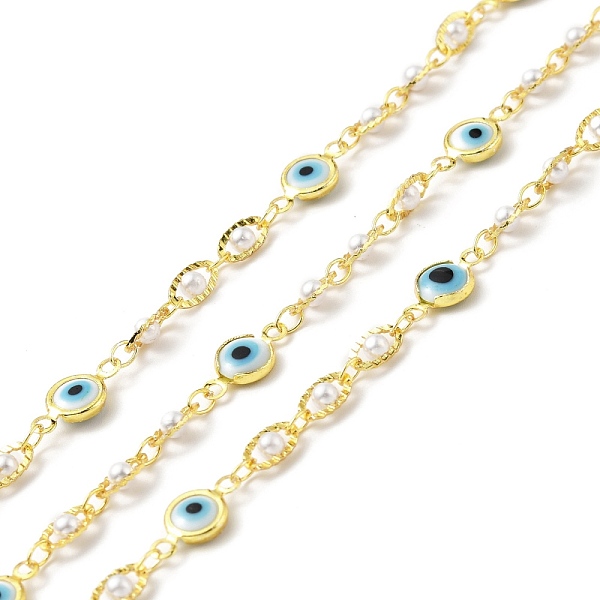 

PandaHall Handmade Eco-friendly Brass Flat Round & Oval Link Chain, with Glass Evil Eye & CCB Pearl Beaded, Long-Lasting Plated, Golden..., Cyan