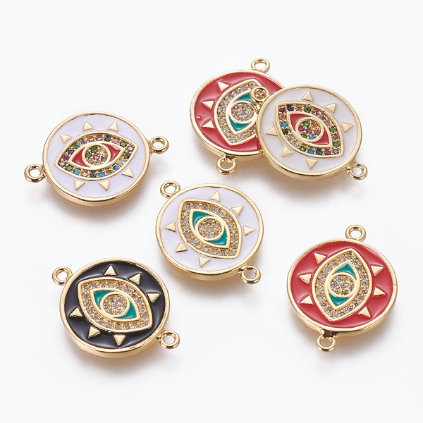 

PandaHall Brass Enamel Links, with Cubic Zirconia, Flat Round with Evil Eye, Golden, Mixed Color, 20x15x1.5mm, Hole: 1.2mm Cubic Zirconia..., Multicolor