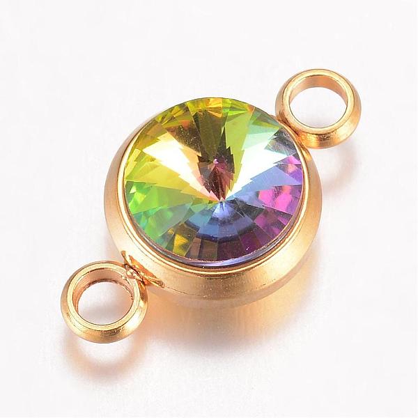 

PandaHall K9 Glass Links connectors, Faceted, with 304 Stainless Steel Findings, Ion Plating (IP), Flat Round, Golden, Colorful..., Multicolor