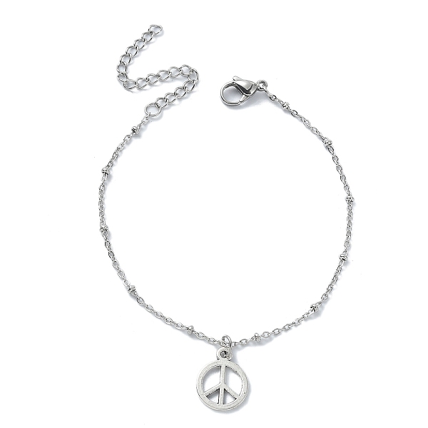 

PandaHall Alloy Peace Sign Charm Bracelet, 304 Stainless Steel Satellite Chains, Stainless Steel Color, 9-3/8 inch(23.8cm) Alloy Peace Sign
