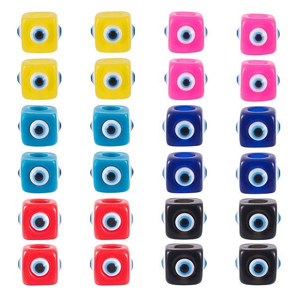 

PandaHall 24Pcs 6 Colors Resin Evil Eye European Beads, Large Hole Bead, Cube, Mixed Color, 12.5x14~14.5x14~14.5mm, Hole: 6mm, 4pcs/color..., Multicolor