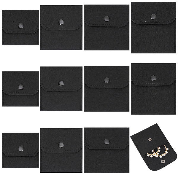 

PandaHall 12Pcs 4 Style Felt Jewelry Storage Bags, with Snap Buttons, Black, 7.5~11.5x7.5~10x0.85~0.95cm, 3pcs/style Cloth None Black