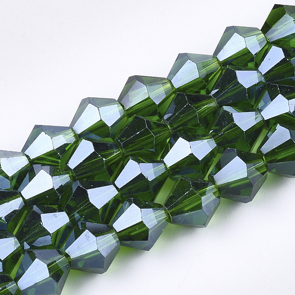 

PandaHall Electroplate Glass Beads Strands, Pearl Luster Plated, Faceted, Bicone, Dark Green, 6x5.5~6mm, Hole: 1mm, about 44~47pcs/strand...